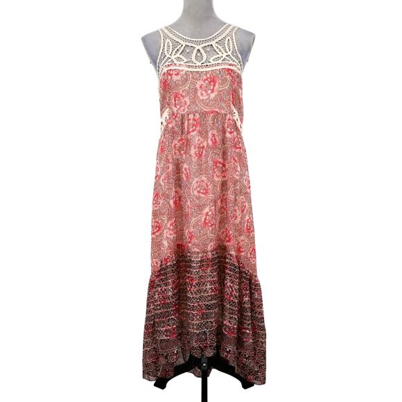 Free People Dress Womens 10 Maxi Ivory Red Pink Floral Lace Trim Lined Chiffon - Picture 1 of 13